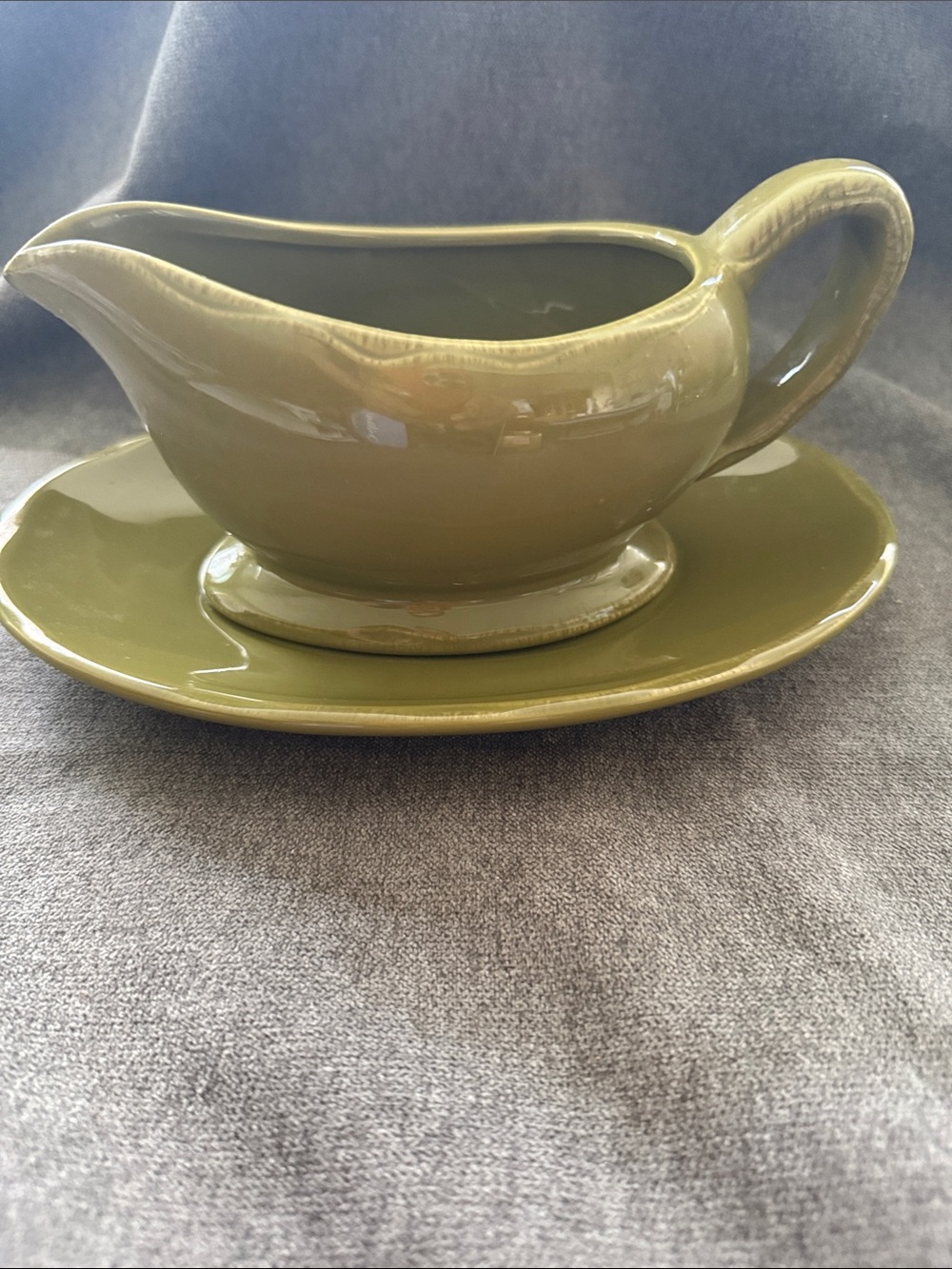 Vintage Olive Green Ceramic Gravy Boat with Underplate
